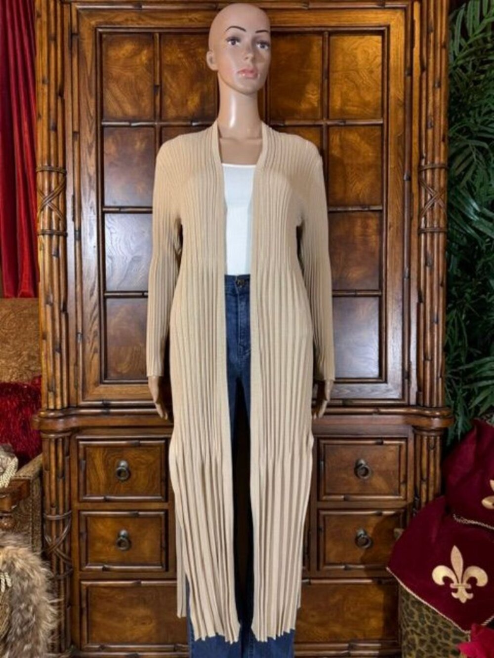 Marla Wynne Sand Beige Pleated High Side Slits Maxi Duster Cardigan Topper